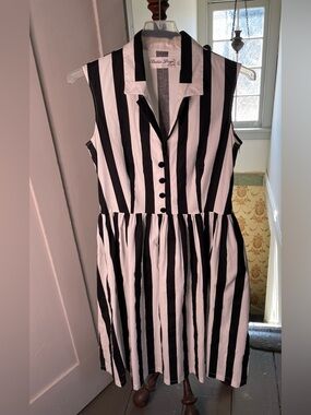 Bettie Page Black and White Vertical Stripe Sleeveless Dress